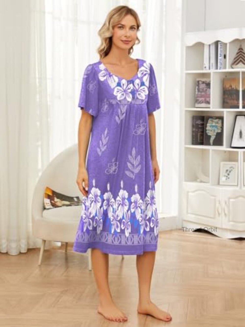 Womens House Dress with Pockets Short Sleeve Moo Moo Nightgown Sleepshirt - Picture 4 of 6